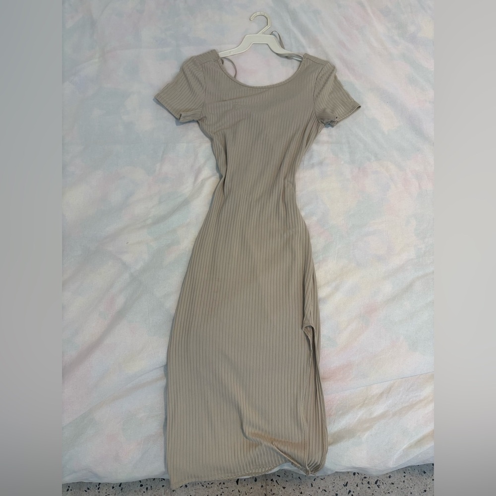 Beige Ribbed slit/open back bodycon Dress